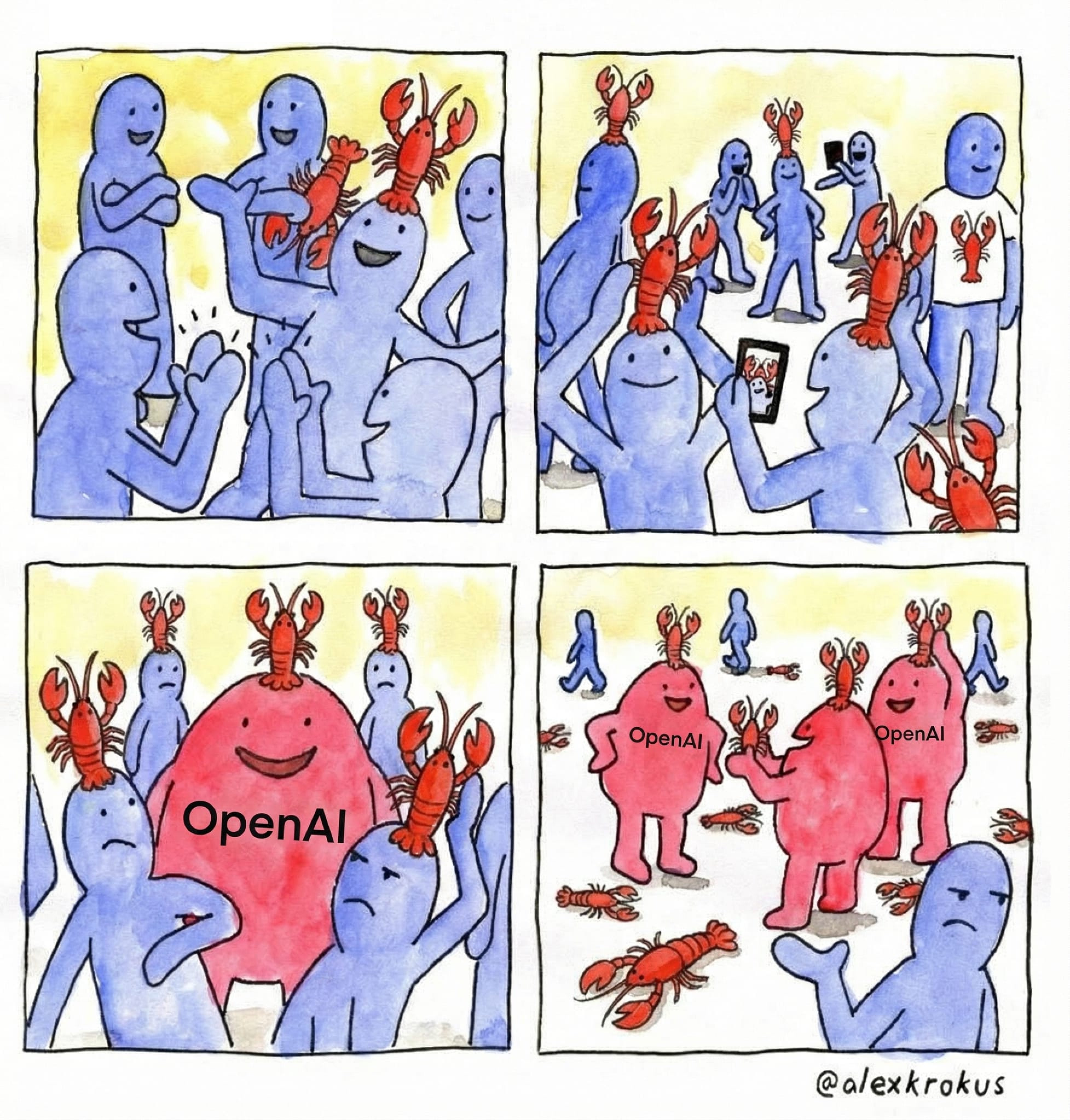 OpenAI absorbing the lobsters, comic by @alexkrokus