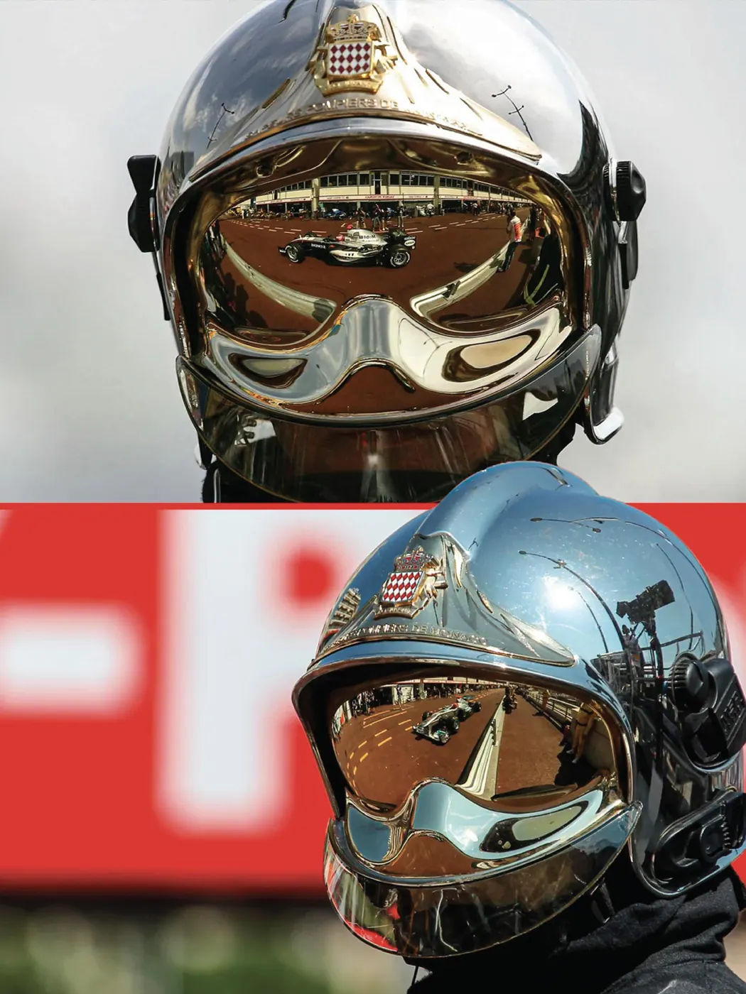 Gold and blue helmets