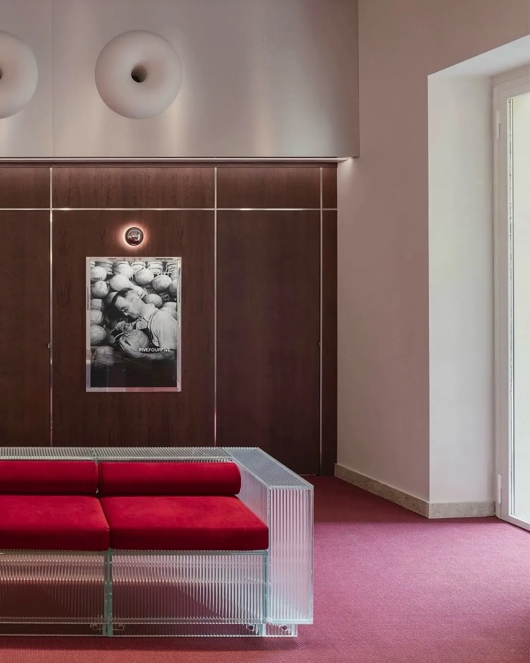 Showroom corner with red seating